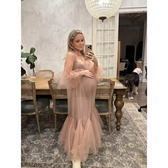 NWT Anthropologie Maeve Glamorous Tulle Maxi in Dusty Rose Pink Sheer Dress O/S - Picture 9 of 9